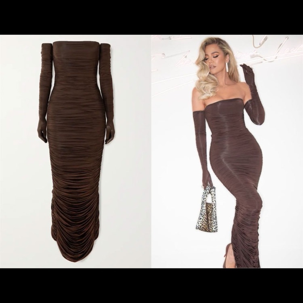 Alex Perry dark brown ruched dress with detachable gloves size us 4 uk 8